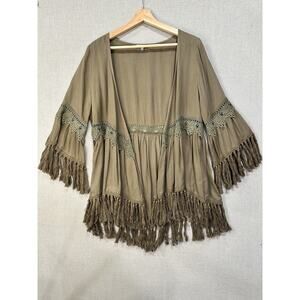 Jodifl Boho Fringe Kimono Open Front Cardigan Olive Green Lace Trim Tassel Hem S